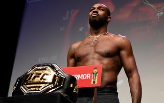 HOUSTON, TX - FEBRUARY 07:  Jon Jones poses on the scale during the UFC 247 ceremonial weigh-in at the Toyota Center on February 7, 2020 in Houston, Texas. (Photo by Mike Roach/Zuffa LLC via Getty Images)