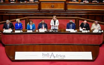Italian Prime Minister, Giorgia Meloni, delivers a speech during the italiAfrica summit at the Senate in Rome, Italy, 29 January 2024. ANSA/RICCARDO ANTIMIANI