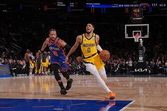 NEW YORK, NY - FEBRUARY 10: Tyrese Haliburton #0 of the Indiana Pacers drives to the basket during the game against the New York Knicks on February 10, 2024 at Madison Square Garden in New York City, New York.  NOTE TO USER: User expressly acknowledges and agrees that, by downloading and or using this photograph, User is consenting to the terms and conditions of the Getty Images License Agreement. Mandatory Copyright Notice: Copyright 2024 NBAE  (Photo by Jesse D. Garrabrant/NBAE via Getty Images)