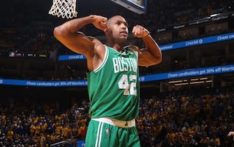 SAN FRANCISCO, CA - JUNE 2: Al Horford #42 of the Boston Celtics celebrates during Game One of the 2022 NBA Finals against the Golden State Warriors on June 2, 2022 at Chase Center in San Francisco, California. NOTE TO USER: User expressly acknowledges and agrees that, by downloading and or using this photograph, user is consenting to the terms and conditions of Getty Images License Agreement. Mandatory Copyright Notice: Copyright 2022 NBAE (Photo by Nathaniel S. Butler/NBAE via Getty Images)