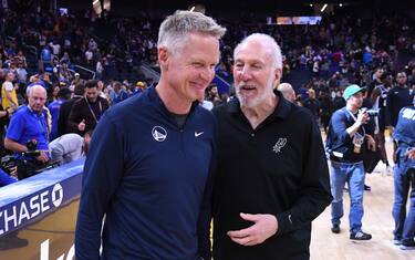 SAN FRANCISCO, CA - OCTOBER 20: Head Coach Steve Kerr of the Golden State Warriors and Head Coach Gregg Popovich of the San Antonio Spurs smile after the game on October 20, 2023 at Chase Center in San Francisco, California. NOTE TO USER: User expressly acknowledges and agrees that, by downloading and or using this photograph, user is consenting to the terms and conditions of Getty Images License Agreement. Mandatory Copyright Notice: Copyright 2023 NBAE (Photo by Noah Graham/NBAE via Getty Images)
