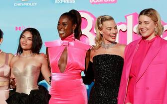 (L-R) Actresses America Ferrera, Ariana Greenblatt, Issa Rae, Margot Robbie and director Greta Gerwig arrive for the world premiere of "Barbie" at the Shrine Auditorium in Los Angeles, on July 9, 2023. (Photo by Michael Tran / AFP) (Photo by MICHAEL TRAN/AFP via Getty Images)