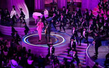 Mar 10, 2024; Los Angeles, CA, USA; Ryan Gosling performs “I’m Just Ken” from “Barbie” with Slash during the 96th Oscars at the Dolby Theatre at Ovation Hollywood in Los Angeles on Sunday, March 10, 2024.. Mandatory Credit: Jack Gruber-USA TODAY/Sipa USA