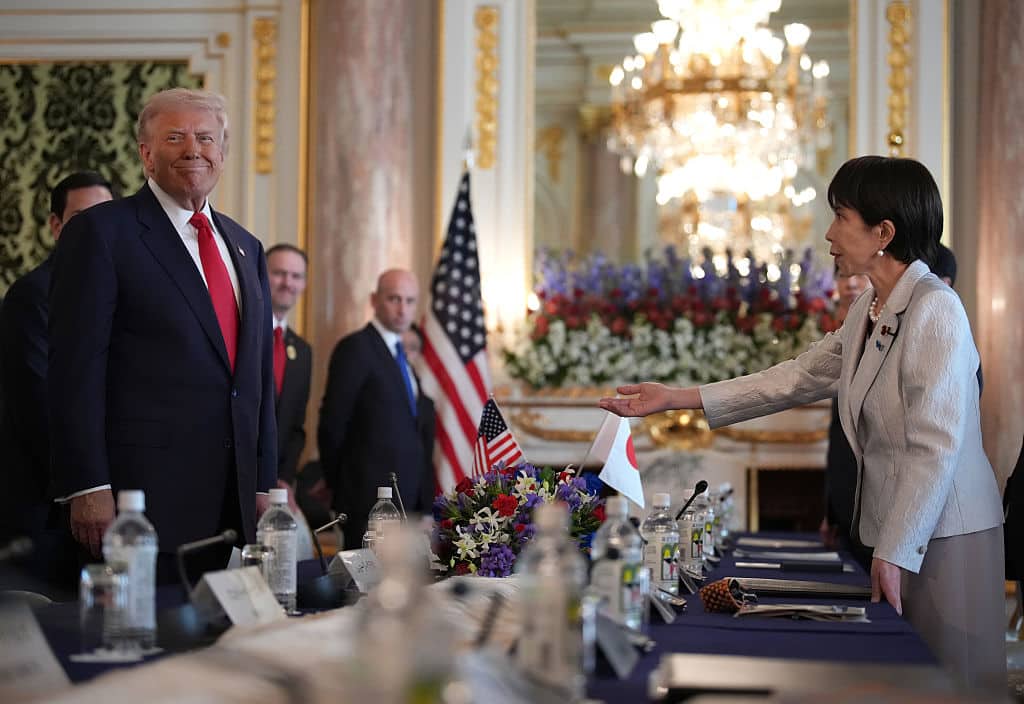 TOKYO, JAPAN - OCTOBER 28: U.S. President Donald Trump (R) and Japanese Prime Minister Sanae Takaichi (L) meet at Akasaka Palace on October 28, 2025 in Tokyo, Japan. Trump is on a visit to Asia that takes in the ASEAN summit in Malaysia, followed by a trip to Japan and South Korea ahead of the APEC meetings. (Photo by Andrew Harnik/Getty Images)