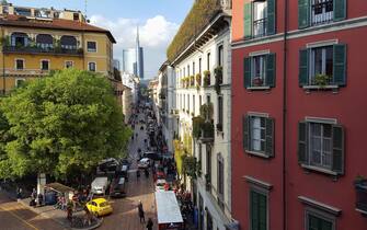 View from above of residential buildings in Via Solferino, in the fashionable district of Brera, Milan, Italy
