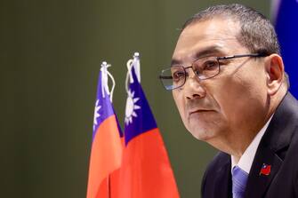 epa11068466 Kuomintang (KMT), or the Chinese Nationalist Party, presidential candidate Hou Yu-ih looks on during a press conference in Taipei, Taiwan, 11 January 2024. Taiwan presidential election is scheduled for 13 January 2024.  EPA/RITCHIE B. TONGO