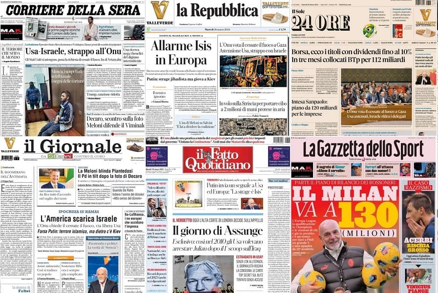 Le prime pagine dei quotidiani di oggi 26 marzo la rassegna