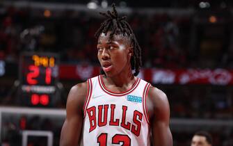 CHICAGO, IL - APRIL 24: Ayo Dosunmu #12 of the Chicago Bulls looks on during the game against the Milwaukee Bucks during Round 1 Game 4 of the 2022 NBA Playoffs on April 24, 2022 at United Center in Chicago, Illinois. NOTE TO USER: User expressly acknowledges and agrees that, by downloading and or using this photograph, User is consenting to the terms and conditions of the Getty Images License Agreement. Mandatory Copyright Notice: Copyright 2022 NBAE (Photo by Jeff Haynes/NBAE via Getty Images)