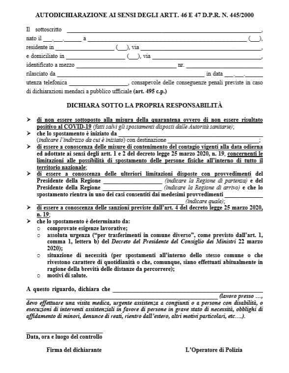 Modulo autocertificazione