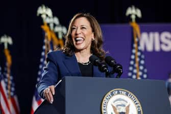 US Vice President and Democratic Presidential candidate Kamala Harris speaks at West Allis Central High School during her first campaign rally in Milwaukee, Wisconsin, on July 23, 2024. Harris is in Wisconsin to start her presidential campaign after effectively clinching the Democratic presidential nomination. (Photo by KAMIL KRZACZYNSKI / AFP)