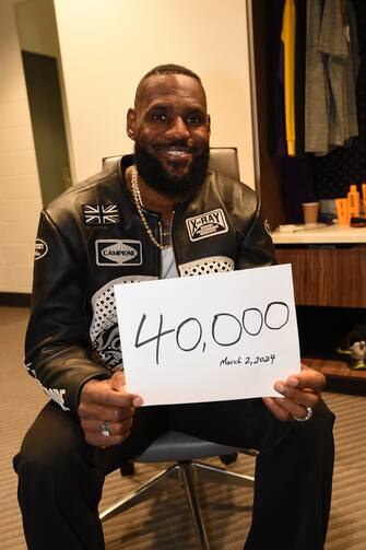 LOS ANGELES, CA - MARCH 2: LeBron James #23 of the Los Angeles Lakers is honored for scoring his 40,000th career points during the game against the Denver Nuggets on March 2, 2024 at Crypto.Com Arena in Los Angeles, California. NOTE TO USER: User expressly acknowledges and agrees that, by downloading and/or using this Photograph, user is consenting to the terms and conditions of the Getty Images License Agreement. Mandatory Copyright Notice: Copyright 2024 NBAE (Photo by Andrew D. Bernstein/NBAE via Getty Images)