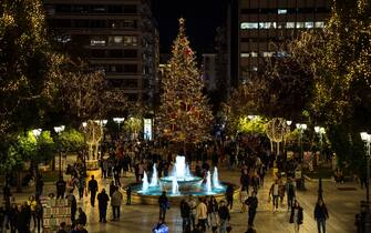 The municipality of Athens is decorating the center of the Greek capital with Christmas lights and a huge Christmas tree, as seen here in Syntagma Square, in Athens, Greece, on December 15, 2023. (Photo by Maria Chourdari/NurPhoto via Getty Images)