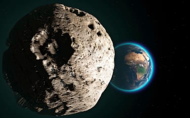Meteorite approaching Earth, collision course. Asteroid. Possible collision with the earth's atmosphere. 3d rendering. Nasa