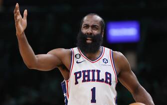 BOSTON, MASSACHUSETTS - OCTOBER 18: James Harden #1 of the Philadelphia 76ers reacts during the second half against the Boston Celtics at TD Garden on October 18, 2022 in Boston, Massachusetts. NOTE TO USER: User expressly acknowledges and agrees that, by downloading and or using this photograph, User is consenting to the terms and conditions of the Getty Images License Agreement. (Photo by Maddie Meyer/Getty Images)