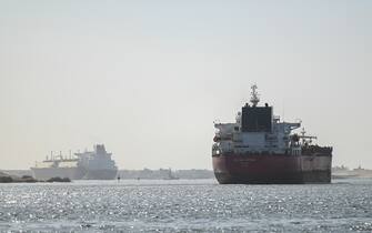 ISMAILIA, EGYPT - JANUARY 10: A ship transits the Suez Canal towards the Red Sea on January 10, 2024 in Ismailia, Egypt. In the wake of Israel's war on Gaza after the October 7 Hamas attack on Israel, Houthi rebels in Yemen pledged disruption on all ships destined for Israel through the Red Sea's Suez Canal. The disruption on world trade is evident in the number of companies using this container ship route - a 90 per cent decline compared to figures one year ago. (Photo by Sayed Hassan/Getty Images)