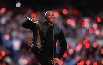 epa09754257 Dr. Dre performs during the halftime show of Super Bowl LVI at SoFi Stadium in Inglewood, California, USA, 13 February 2022. The annual Super Bowl is the Championship game of the NFL between the AFC Champion and the NFC Champion and has been held every year since January of 1967.  EPA/JOHN G. MABANGLO