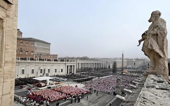 Pope Francis celebrates the funeral mass of Pope Emeritus Benedict XVI at St. Peter's square in the Vatican, on January 5, 2023. (Photo by Tiziana FABI / AFP) (Photo by TIZIANA FABI/AFP via Getty Images)