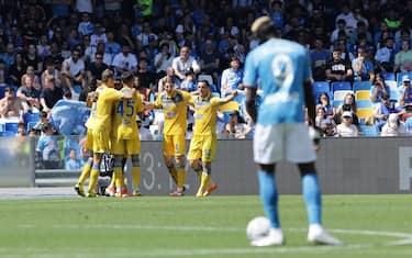 Frosinone's Moroccan forward Walid Cheddira celebrates after scoring a goal during the Serie A football match between SSC Napoli and Frosinone at the Diego Armando Maradona Stadium in Naples, southern Italy, on April 14, 2024.