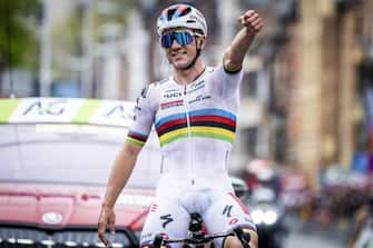 Belgian Remco Evenepoel of Soudal Quick-Step celebrates as he crosses the finish line to win the men elite race of the Liege-Bastogne-Liege one day cycling event, 258,5km from Liege, over Bastogne to Liege, Sunday 23 April 2023. BELGA PHOTO TOM GOYVAERTS (Photo by Tom Goyvaerts / BELGA MAG / Belga via AFP) (Photo by TOM GOYVAERTS/BELGA MAG/AFP via Getty Images)