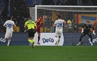 Gianluca Mancini of A.S. Roma score 1-1 during the 24th day of the Serie A Championship between A.S. Roma vs F.C. Inter, 10 February, 2024 at the Olympic Stadium in Rome, Italy.