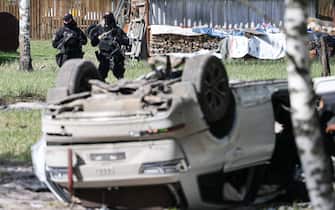 RUSSIA, NIZHNY NOVGOROD REGION - MAY 6, 2023: A view shows the wreckage left of writer Zakhar Prilepin’s car after a car bomb explosion near the village of Pionersky. According to recent data, Prilepin has been brought to hospital with injuries to his legs, his driver dead. Stringer/TASS/Sipa USA