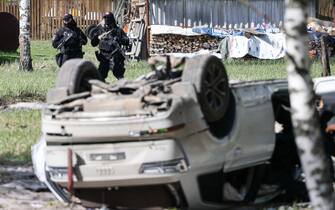 RUSSIA, NIZHNY NOVGOROD REGION - MAY 6, 2023: A view shows the wreckage left of writer Zakhar Prilepin’s car after a car bomb explosion near the village of Pionersky. According to recent data, Prilepin has been brought to hospital with injuries to his legs, his driver dead. Stringer/TASS/Sipa USA