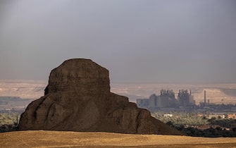 This picture taken on February 6, 2023 shows a view of the collapsed mud-brick Black Pyramid of the ancient Egyptian Middle Kingdom king Amenemhat III (built between 1860-1814 BC) in the Dahshur Necropolis south of Egypt's capital. (Photo by Amir MAKAR / AFP) (Photo by AMIR MAKAR/AFP via Getty Images)