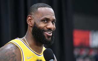 El Segundo, CA. September 28, 2021:  Lakers LeBron James does an interview during media day at the UCLA Health Training Center in El Segundo Tuesday. (Wally Skalij/Los Angeles Times via Getty Images)