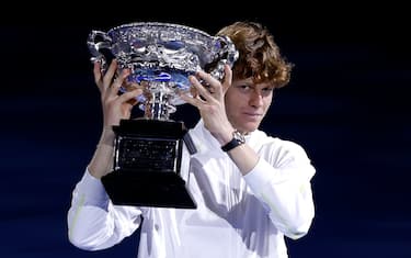 MELBOURNE, AUSTRALIA - JANUARY 26: Jannik Sinner of Italy 
is presented the Norman Brookes Challenge Cup at the Men's Singles trophy presentation following the Men's Singles final against Alexander Zverev of Germany during day 15 of the 2025 Australian Open at Melbourne Park on January 26, 2025 in Melbourne, Australia. (Photo by Darrian Traynor/Getty Images)