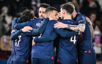 Vitor MACHADO FERREIRA (Vitinha) of PSG celebrate his goal with teammates during the French championship Ligue 1 football match between Paris Saint-Germain and FC Metz on December 20, 2023 at Parc des Princes stadium in Paris, France