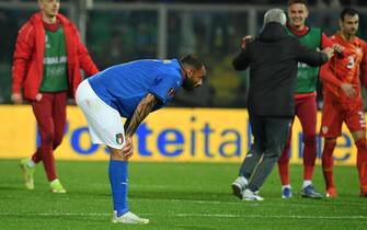 ItalyÕs forward Joao Pedro dejected at the end of the FIFA World Cup Qatar 2022 play-off qualifying soccer match between Italy and North Macedonia at the Renzo Barbera stadium in Palermo, Sicily island, Italy, 24 March 2022. ANSA/CARMELO IMBESI