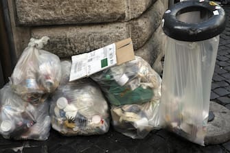 Rifiuti raccolti in sacchi di plastica vicino alla fontana di Trevi a Roma, 1 novembre 2019.
ANSA/LUCIANO DEL CASTILLO
