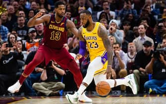 CLEVELAND, OH - NOVEMBER 21: Tristan Thompson #13 of the Cleveland Cavaliers guards LeBron James #23 of the Los Angeles Lakers during the second half at Quicken Loans Arena on November 21, 2018 in Cleveland, Ohio. The Lakers defeated the Cavaliers 109-105. NOTE TO USER: User expressly acknowledges and agrees that, by downloading and/or using this photograph, user is consenting to the terms and conditions of the Getty Images License Agreement. (Photo by Jason Miller/Getty Images)