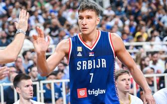 7 BOGDAN BOGDANOVIC of Serbia during the Aegean Acropolis Tournament match between Greece and Serbia at Oaka Stadium on August 8, 2023, in Athens, Greece.