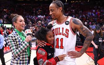 TORONTO, CANADA - APRIL 12: Cassidy Hubbarth interviews Zach LaVine #8 and DeMar DeRozan #11 of the Chicago Bulls and Diar DeRozan after the game against the Toronto Raptors during the 2023 Play-In Tournament on April 12, 2023 at the Scotiabank Arena in Toronto, Ontario, Canada.  NOTE TO USER: User expressly acknowledges and agrees that, by downloading and or using this Photograph, user is consenting to the terms and conditions of the Getty Images License Agreement.  Mandatory Copyright Notice: Copyright 2023 NBAE (Photo by Vaughn Ridley/NBAE via Getty Images)