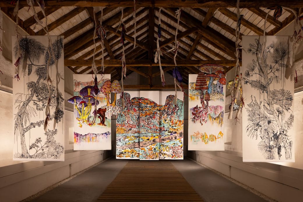 Vista dell’allestimento della mostra Lotta per l’esistenza di Marzia Migliora - Arte Sella. Ph Giacomo Bianchi –