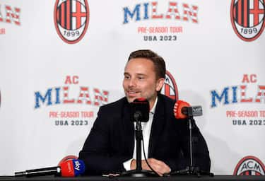 LOS ANGELES, CALIFORNIA - JULY 22: Giorgio Furlani, Chief Executive Officer of AC Milan, during a news conference after a training session at BMO Stadium on July 22, 2023 in Los Angeles, California. (Photo by Kevork Djansezian/Getty Images)