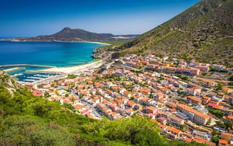 Buggerru town near Portixeddu beach and San Nicolo, Costa Verde, Sardinia, Italy. Sardinia is the second largest island in mediterranean sea.