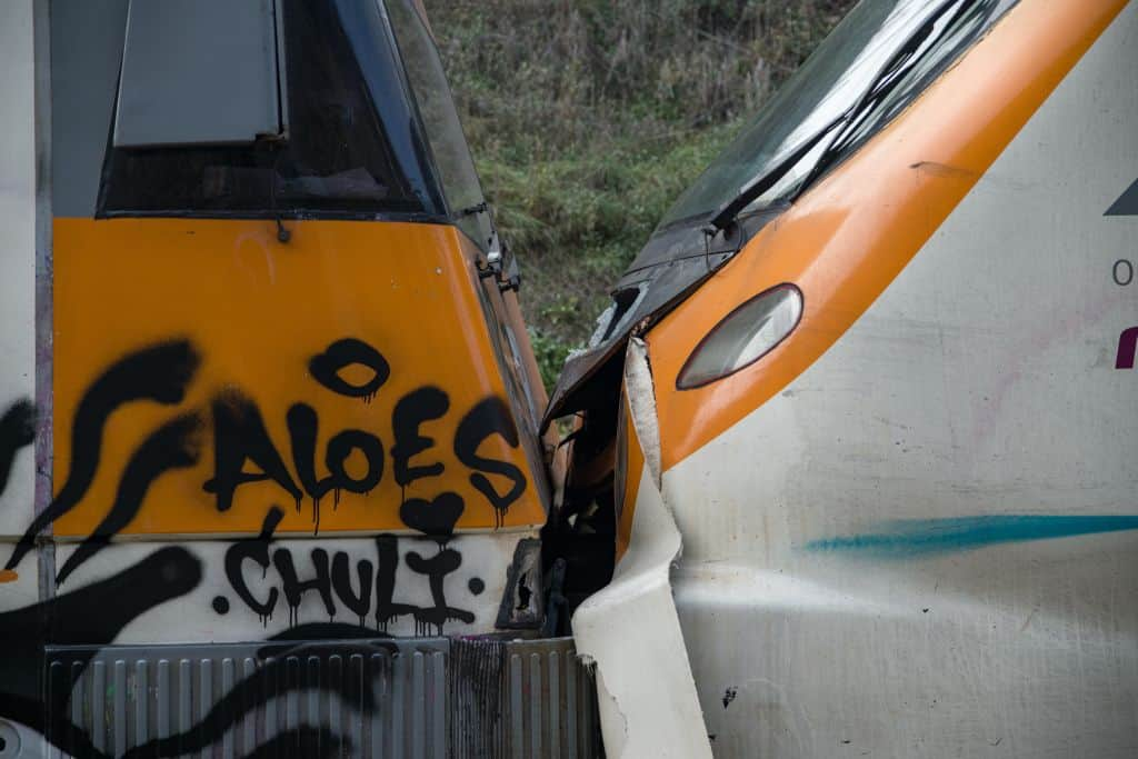 MANRESA, BARCELONA CATALONIA, SPAIN - DECEMBER 07: View of the collision of two trains at the Montcada i Reixac station in Manresa, on December 7, in Manresa, Barcelona, Catalonia, Spain. The number of people affected by the train crash at the Montcada i Reixac - Manresa (Barcelona) station is 150 injured in a minor condition and five in a less serious condition. The circulation of trains on lines R4, R7 and R12 has been restored in both directions through a single track between Montcada Bifurcacio and Terrassa (Barcelona). One hour after the crash the Generalitat's firefighters had already evacuated the convoy and no one was trapped. Civil Protection has activated the railway emergency plan of Catalonia (Ferrocat) in alert phase and Renfe has explained that the causes of the accident are being investigated. (Photo By Lorena Sopena/Europa Press via Getty Images)