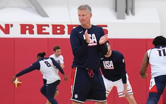 LAS VEGAS, NV - JULY 7: Head Coach Steve Kerr of the USA Basketball Men's Team looks on during USAB Men's Training Camp in Las Vegas on July 7, 2024 in Las Vegas Nevada. NOTE TO USER: User expressly acknowledges and agrees that, by downloading and/or using this Photograph, user is consenting to the terms and conditions of the Getty Images License Agreement. Mandatory Copyright Notice: Copyright 2024 NBAE (Photo by Brian Babineau/NBAE via Getty Images)