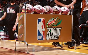 CLEVELAND, OH - FEBRUARY 19: A detail shot of the Wilson Basketball during the MTN DEW 3-Point Contest as part of 2022 NBA All Star Weekend on February 19, 2022 at Rocket Mortgage FieldHouse in Cleveland, Ohio. NOTE TO USER: User expressly acknowledges and agrees that, by downloading and/or using this Photograph, user is consenting to the terms and conditions of the Getty Images License Agreement. Mandatory Copyright Notice: Copyright 2022 NBAE (Photo by Nathaniel S. Butler/NBAE via Getty Images)