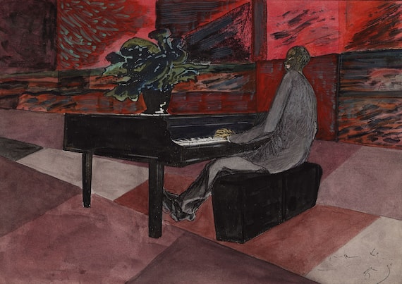 Supercharleston al piano, da “Razmataz”, 1996 Matite colorate, inchiostro, tempera e tecnica mista su carta, 21x29,5 cm Archivio Paolo Conte, Asti