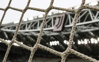 The Juventus logo is seen on a screen through the goal net in this general view of the stadium prior to the UEFA Womens Champions League match at Juventus Stadium, Turin. Picture date: 9th December 2020. Picture credit should read: Jonathan Moscrop/Sportimage via PA Images