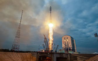 epa10794400 A handout image made available by the Roscosmos State Space Corporation shows the Soyuz-2.1b rocket with the moon lander Luna 25 (Moon) automatic station as it takes off from a launch pad at the Vostochny Cosmodrome, outside the city of Tsiolkovsky, some 180 km north of Blagoveschensk, in the far eastern Amur region, Russia, 11 August 2023. The Soyuz rocket with the first lunar spacecraft in the history of modern Russia was launched from the Vostochny Cosmodrome. Luna-25 will be the first station in the world to land in the near-polar zone of the Moon, on difficult terrain.  EPA/ROSCOSMOS STATE SPACE CORPORATION  HANDOUT EDITORIAL USE ONLY/NO SALES