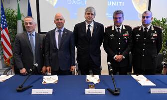 (L-R) Assistant District Attorney in Manhattan, Colonel Matthew Bogdanos, US Ambassador to Italy, Jack Markell, Italian Culture Minister Undersecretary, Gianmarco Mazzi, Italian Carabinieri Generals, Massimo Mennitti and Francesco Cargaro, pose for photographer during the presentation to journalists of some 600 stolen works of art that where gave back by the United States of America to the Italian Carabinieri Command for the Protection of Cultural Heritage, in Rome, Italy, 28 May 2024. ANSA/ETTORE FERRARI

