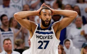 MINNEAPOLIS, MINNESOTA - MAY 12: Rudy Gobert #27 of the Minnesota Timberwolves reacts during the second quarter against the Denver Nuggets in Game Four of the Western Conference Second Round Playoffs at Target Center on May 12, 2024 in Minneapolis, Minnesota. NOTE TO USER: User expressly acknowledges and agrees that, by downloading and or using this photograph, User is consenting to the terms and conditions of the Getty Images License Agreement. (Photo by David Berding/Getty Images)