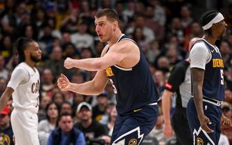 DENVER, CO - MARCH 31: Nikola Jokic (15) of the Denver Nuggets calls for a review of a foul he committed on Jarrett Allen (31) of the Cleveland Cavaliers during the second quarter at Ball Arena in Denver on Sunday, March 31, 2024. (Photo by AAron Ontiveroz/The Denver Post)