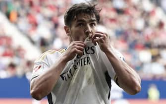 epa11224380 Real Madrid's Brahim Diaz celebrates after scoring the 1-3 goal during the LaLiga soccer match between CA Osasuna and Real Madrid, in Pamplona, northern Spain, 16 March 2024.  EPA/Jesus Diges