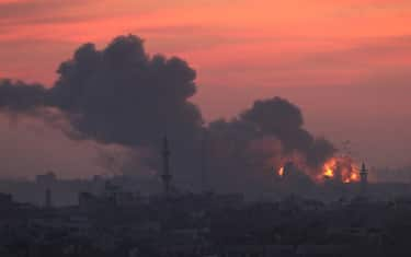 GAZA CITY, GAZA - OCTOBER 11: Explosion and smoke caused by Israeli raids seen on October 11, 2023 in Gaza City, Gaza. Almost 800 people have died in Gaza, and 187, 000 displaced, after Israel launched sustained retaliatory air strikes after a large-scale attack by Hamas. On October 7, the Palestinian militant group Hamas launched a surprise attack on Israel from Gaza by land, sea, and air, killing 1000 people and wounding more than 2000. Israeli soldiers and civilians have also been taken hostage by Hamas and moved into Gaza. The attack prompted a declaration of war by Israeli Prime Minister Benjamin Netanyahu. (Photo by Ahmad Hasaballah/Getty Images)