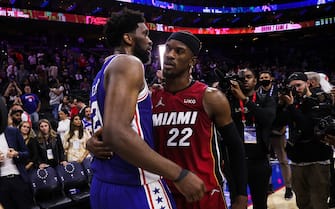 PHILADELPHIA, PA, USA - MAY 12: Joel Embiid of Philadelphia 76ers and Jimmy Butler of Miami Heat hug after NBA semifinals between Philadelphia 76ers and Miami Heat at the Wells Fargo Center in Philadelphia, Pennsylvania, United States on May 12, 2022. (Photo by Tayfun Coskun/Anadolu Agency via Getty Images)